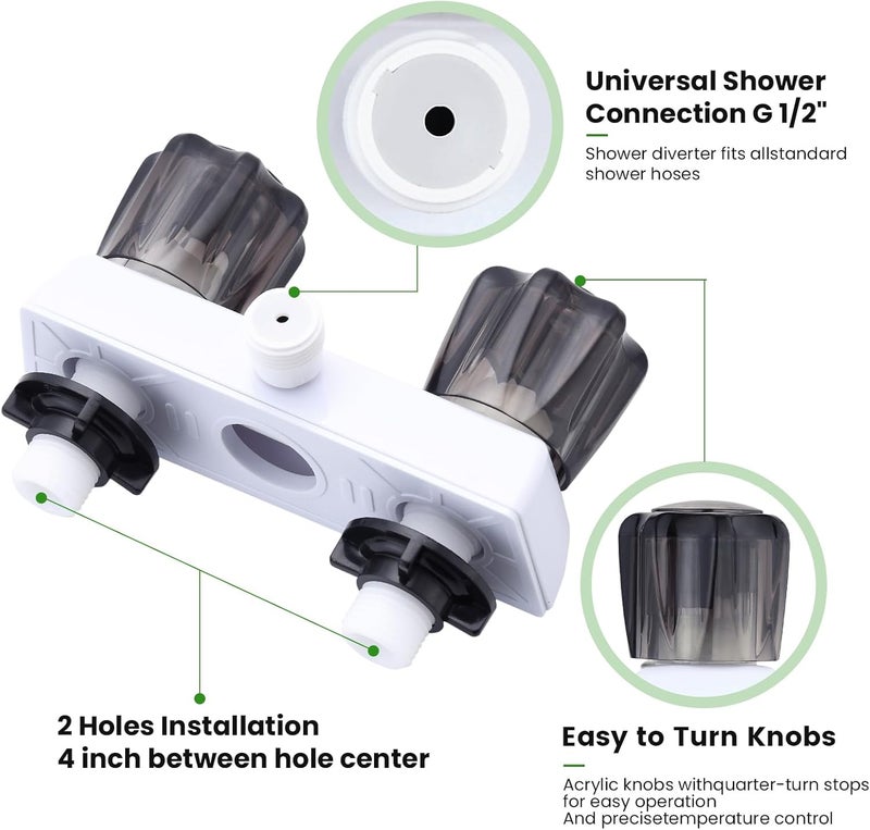gcbcrit RV Shower Faucet, Dual-Handle Camper Shower Faucet with Acrylic Knobs, 4" RV Shower Valve Diverter, RV Outdoor Shower for RV, Camper Van, Outside and Inside Bathroom Shower (White + Gray Knob) - Image 4